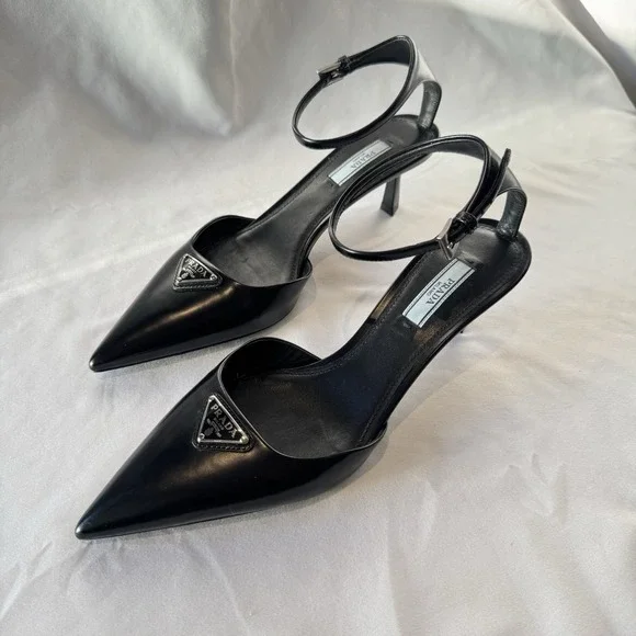 Prada Slingback Stiletto Ankle Strap Logo Accent Black Pointed Toe Leather 37.5 - Picture 13 of 14